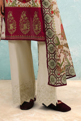 UAE-3 Piece Printed Cotton Suit with Printed Denting Lawn Dupatta and Embroidered Trouser