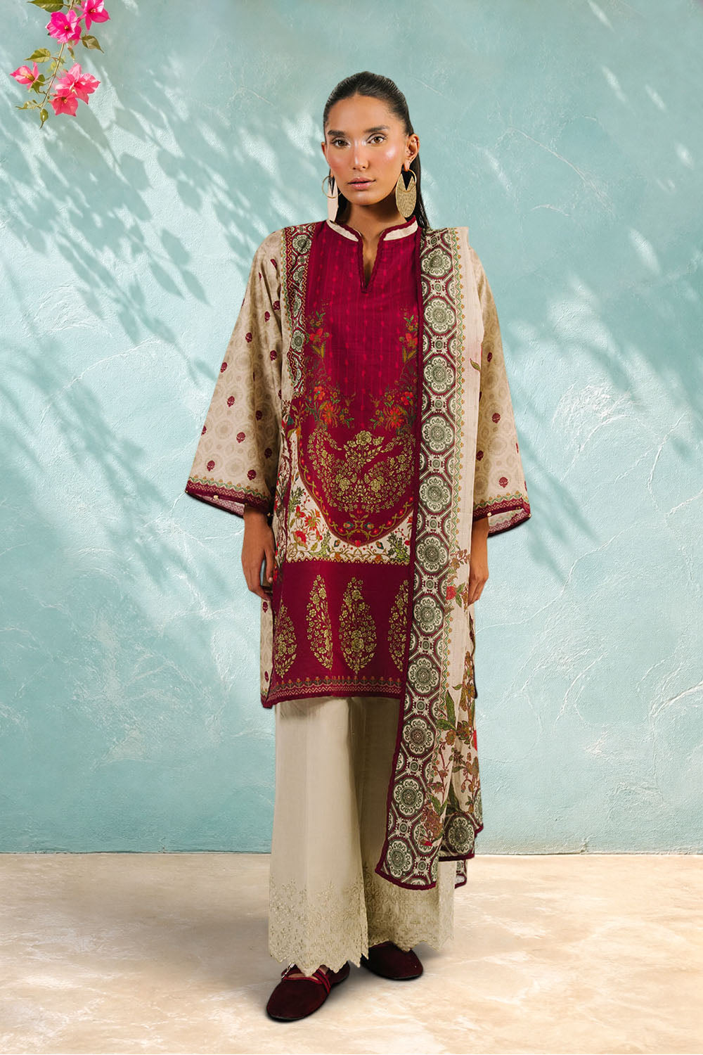 UAE-3 Piece Printed Cotton Suit with Printed Denting Lawn Dupatta and Embroidered Trouser