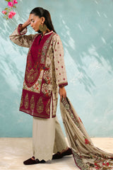 UAE-3 Piece Printed Cotton Suit with Printed Denting Lawn Dupatta and Embroidered Trouser