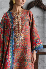 UAE-3 Piece Printed Karandi Suit with Printed Karandi Dupatta