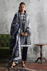 UAE-3 Piece Embroidered Printed Khaddar Suit with Printed Khaddar Dupatta