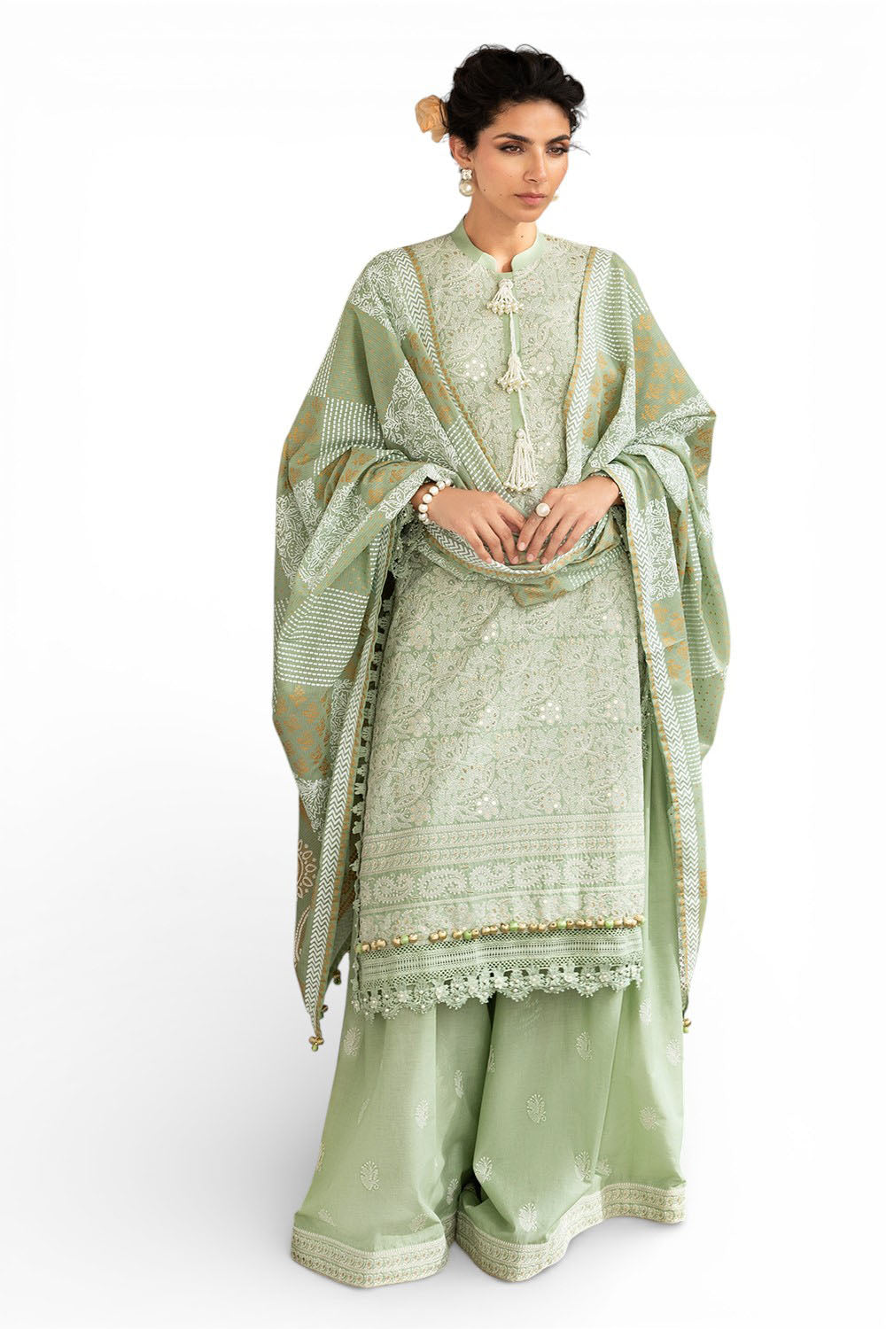 UAE-3 Piece Zari & Sequins Embroidered Lawn Suit with Gold & Lacquer Printed Dupatta DN-52038