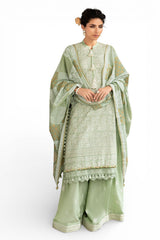 UAE-3 Piece Zari & Sequins Embroidered Lawn Suit with Gold & Lacquer Printed Dupatta DN-52038