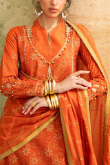 UAE-3 Piece Zari & Sequins Embroidered Lawn Suit with Gold & Lacquer Printed Dupatta DN-52041