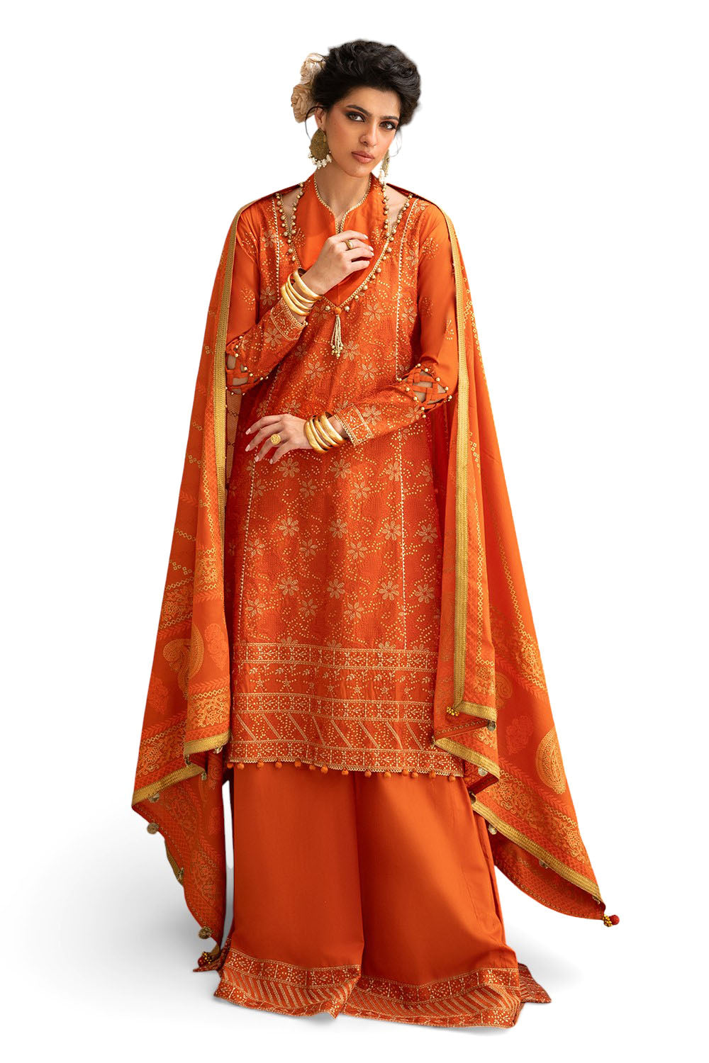 UAE-3 Piece Zari & Sequins Embroidered Lawn Suit with Gold & Lacquer Printed Dupatta DN-52041