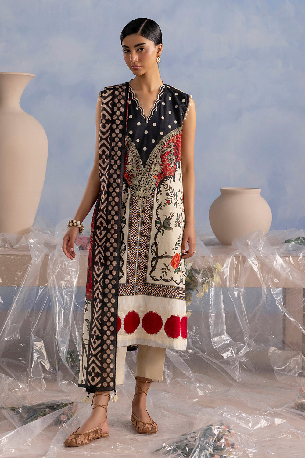 UAE-3 Piece Embroidered Printed Cotton Suit with Printed Lawn Dupatta