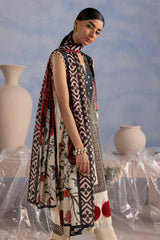 UAE-3 Piece Embroidered Printed Cotton Suit with Printed Lawn Dupatta