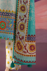 UAE-3 Piece Embroidered Printed Cotton Suit with Printed Lawn Dupatta and Printed Trouser