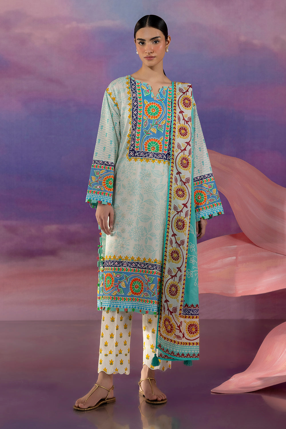 UAE-3 Piece Embroidered Printed Cotton Suit with Printed Lawn Dupatta and Printed Trouser