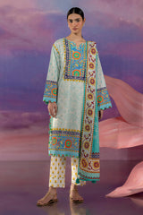 UAE-3 Piece Embroidered Printed Cotton Suit with Printed Lawn Dupatta and Printed Trouser