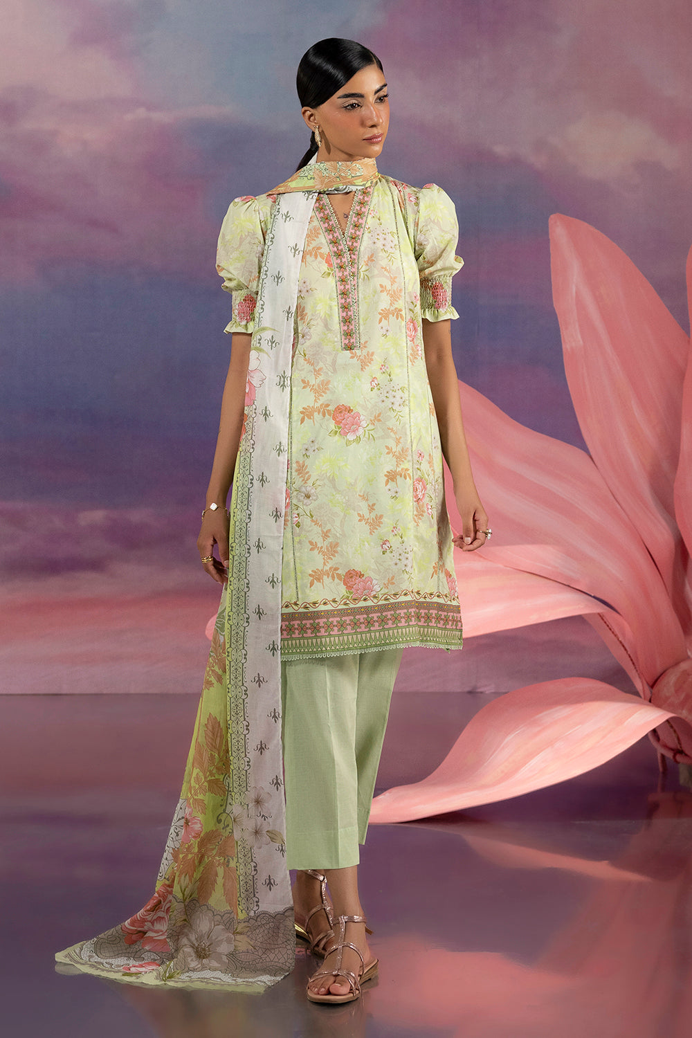 UAE-3 Piece Printed Cotton Suit with Printed Lawn Dupatta