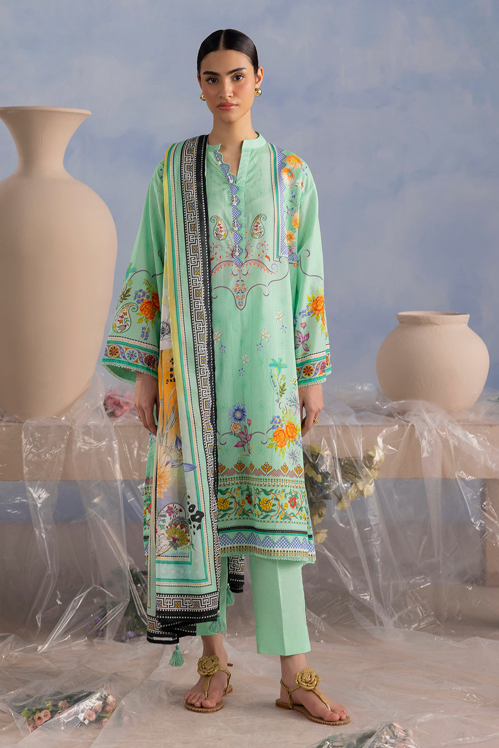 UAE-3 Piece Printed Cotton Suit with Printed Lawn Dupatta