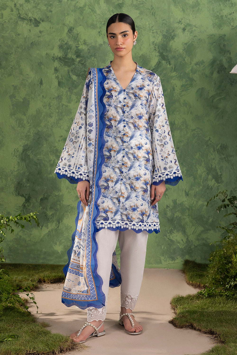 UAE-3 Piece Printed Cotton Suit with Printed Lawn Dupatta and Embroidered Trouser Border