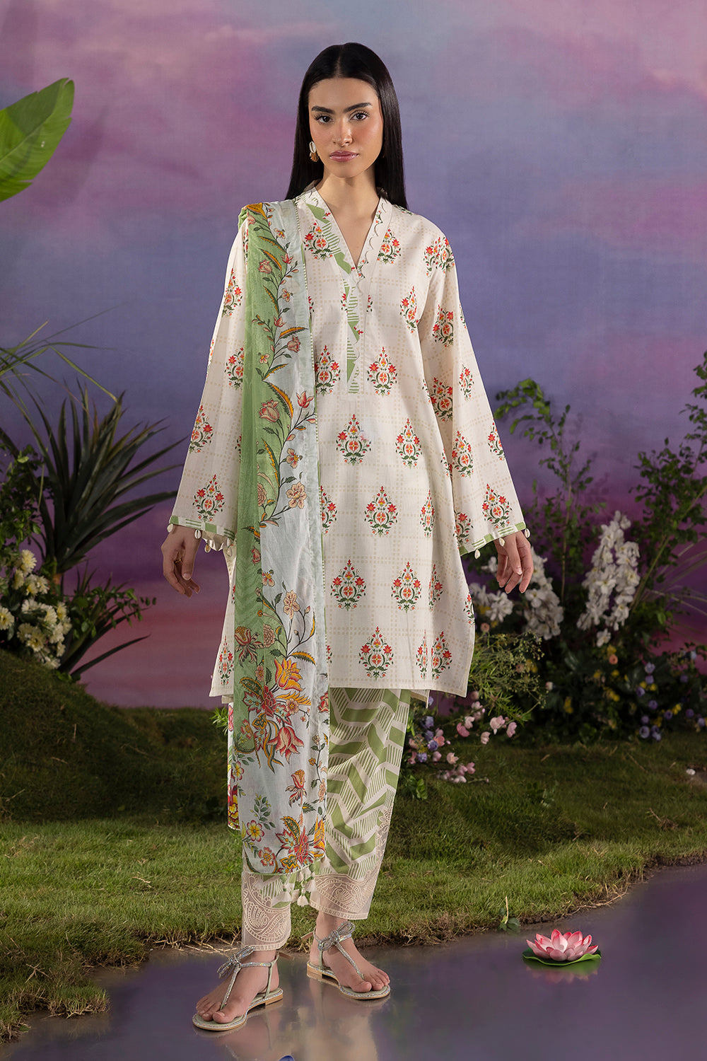 UAE-3 Piece Printed Cotton Suit with Printed Lawn Dupatta and Embroidered Sleeves