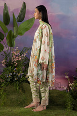 UAE-3 Piece Printed Cotton Suit with Printed Lawn Dupatta and Embroidered Sleeves