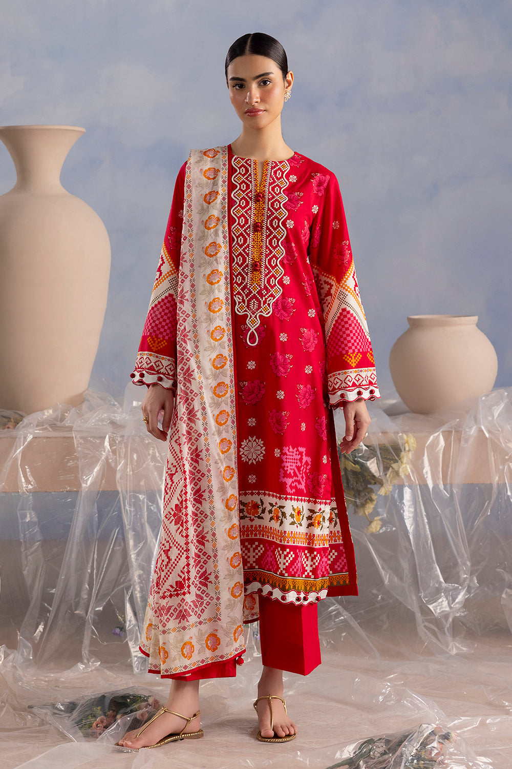 UAE-3 Piece Printed Cotton Suit with Printed Lawn Dupatta and Embroidered Neckline