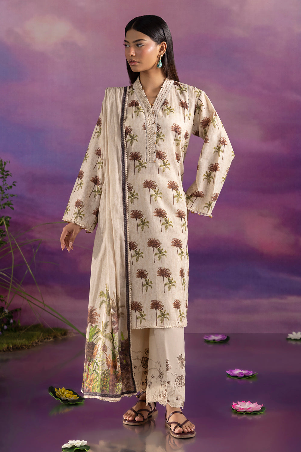 UAE-3 Piece Printed Cotton Suit with Printed Lawn Dupatta and Embroidered Trouser