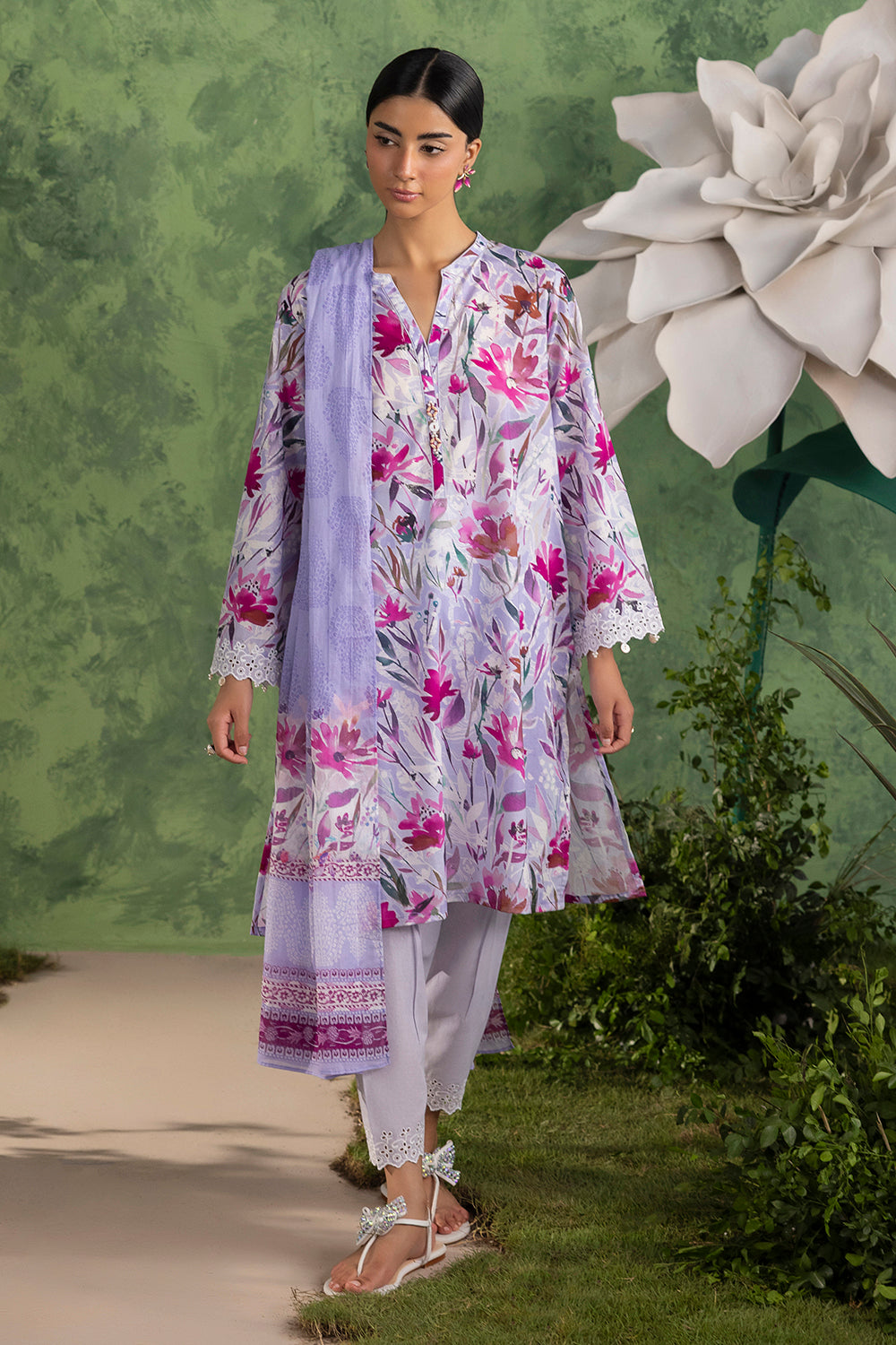 UAE-3 Piece Printed Cotton Suit with Printed Lawn Dupatta and Embroidered Trouser