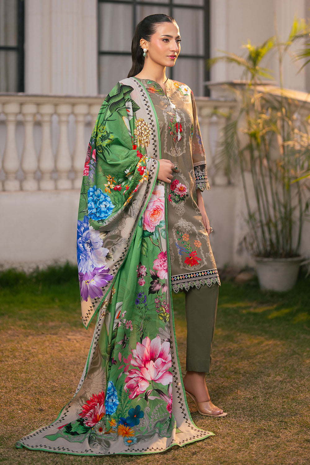 UAE-3 Piece Printed Cross Hatch Suit with Lawn Dupatta