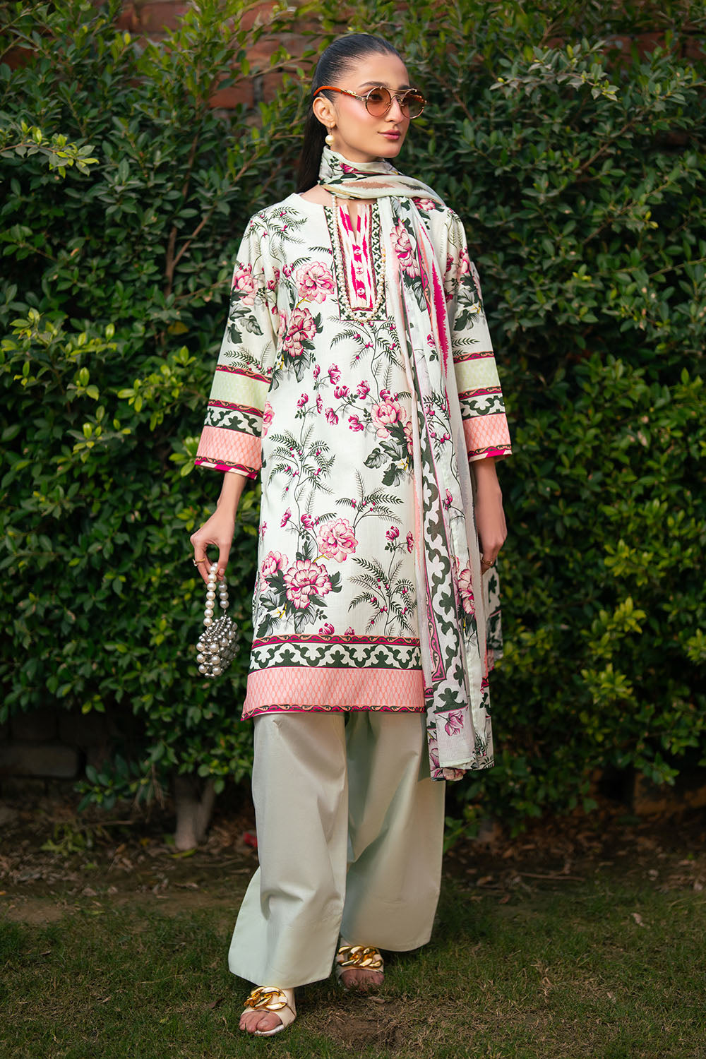 UAE-3 Piece Printed Cross Hatch Suit with Lawn Dupatta
