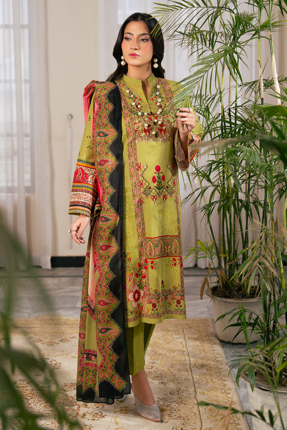 UAE-3 Piece Printed Cross Hatch Suit with Lawn Dupatta