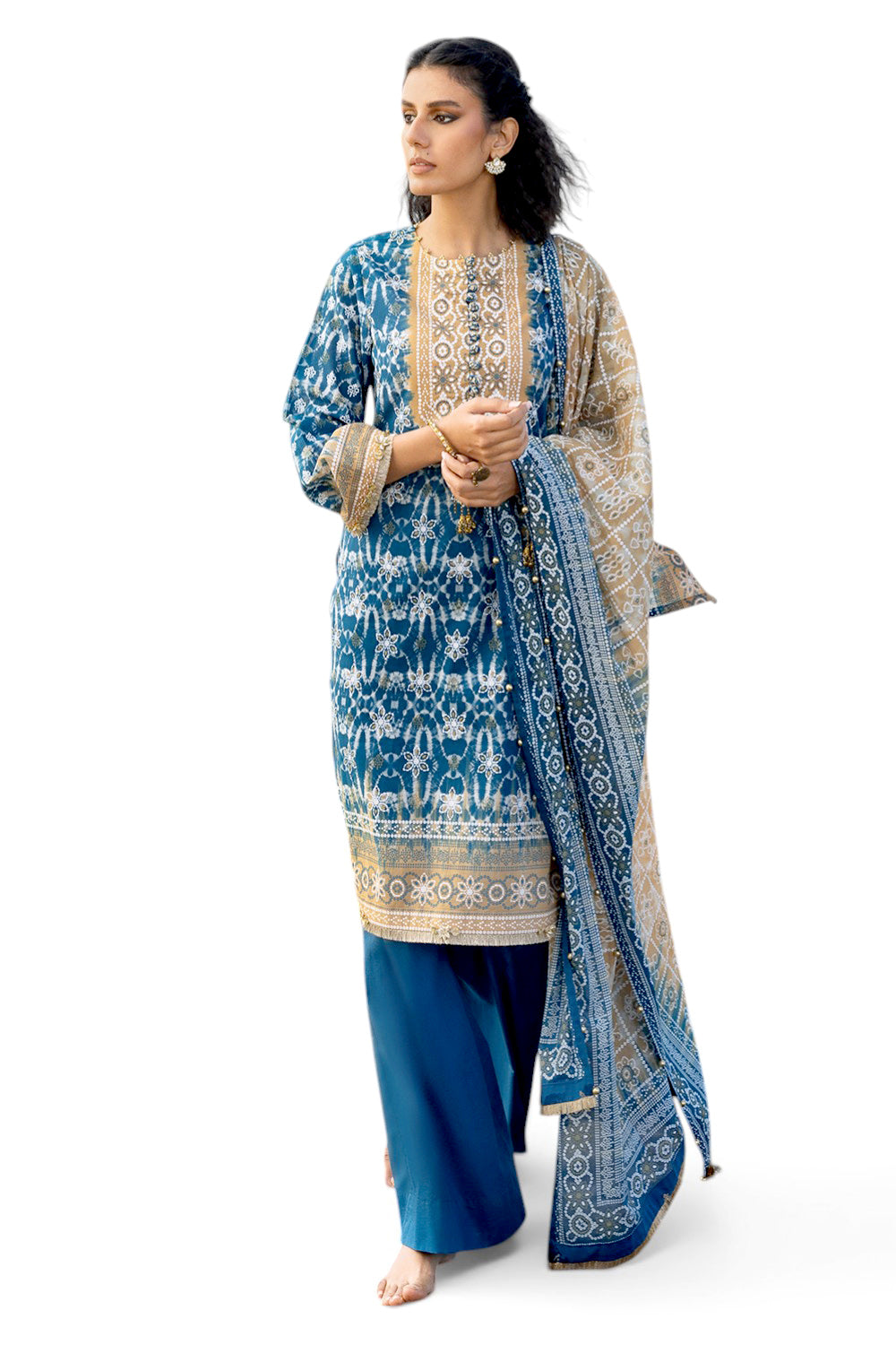 UAE-3 Piece Lacquer Printed Lawn Suit with Lacquer Printed Lawn Dupatta and Dyed Trouser