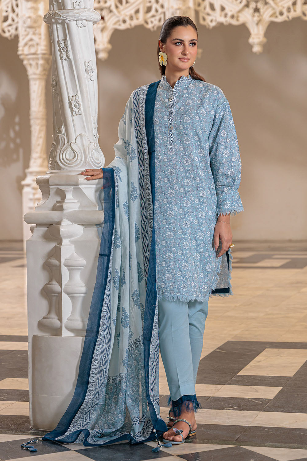 UAE-3 Piece Printed Lawn Suit and Dyed Trouser