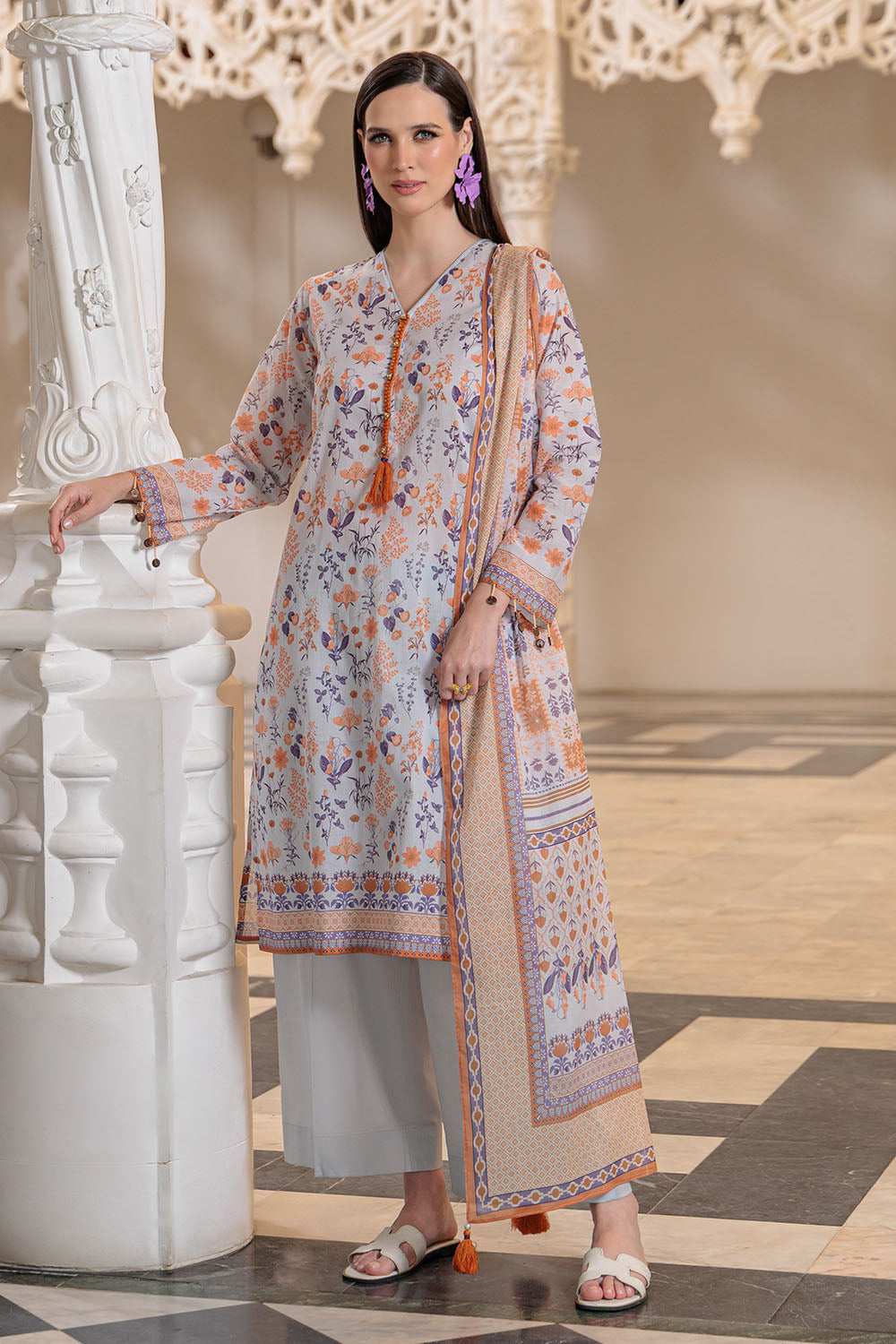 UAE-3 Piece Printed Lawn Suit and Dyed Trouser