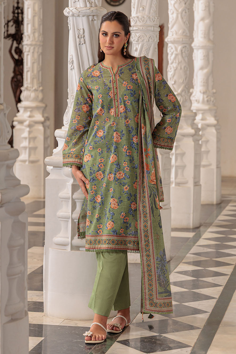 UAE-3 Piece Printed Lawn Suit and Dyed Trouser
