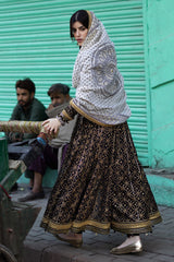 UAE-3 Piece Gold Printed Lawn Suit with Gold and Lacquer Printed Mehsuri Dupatta and Dyed Trouser SP-62011