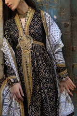 UAE-3 Piece Gold Printed Lawn Suit with Gold and Lacquer Printed Mehsuri Dupatta and Dyed Trouser SP-62011