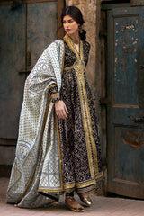 UAE-3 Piece Gold Printed Lawn Suit with Gold and Lacquer Printed Mehsuri Dupatta and Dyed Trouser SP-62011