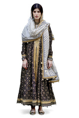 UAE-3 Piece Gold Printed Lawn Suit with Gold and Lacquer Printed Mehsuri Dupatta and Dyed Trouser SP-62011