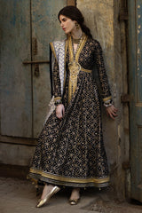UAE-3 Piece Gold Printed Lawn Suit with Gold and Lacquer Printed Mehsuri Dupatta and Dyed Trouser SP-62011