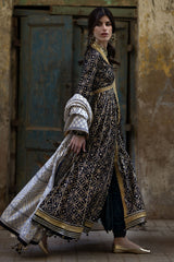 UAE-3 Piece Gold Printed Lawn Suit with Gold and Lacquer Printed Mehsuri Dupatta and Dyed Trouser SP-62011