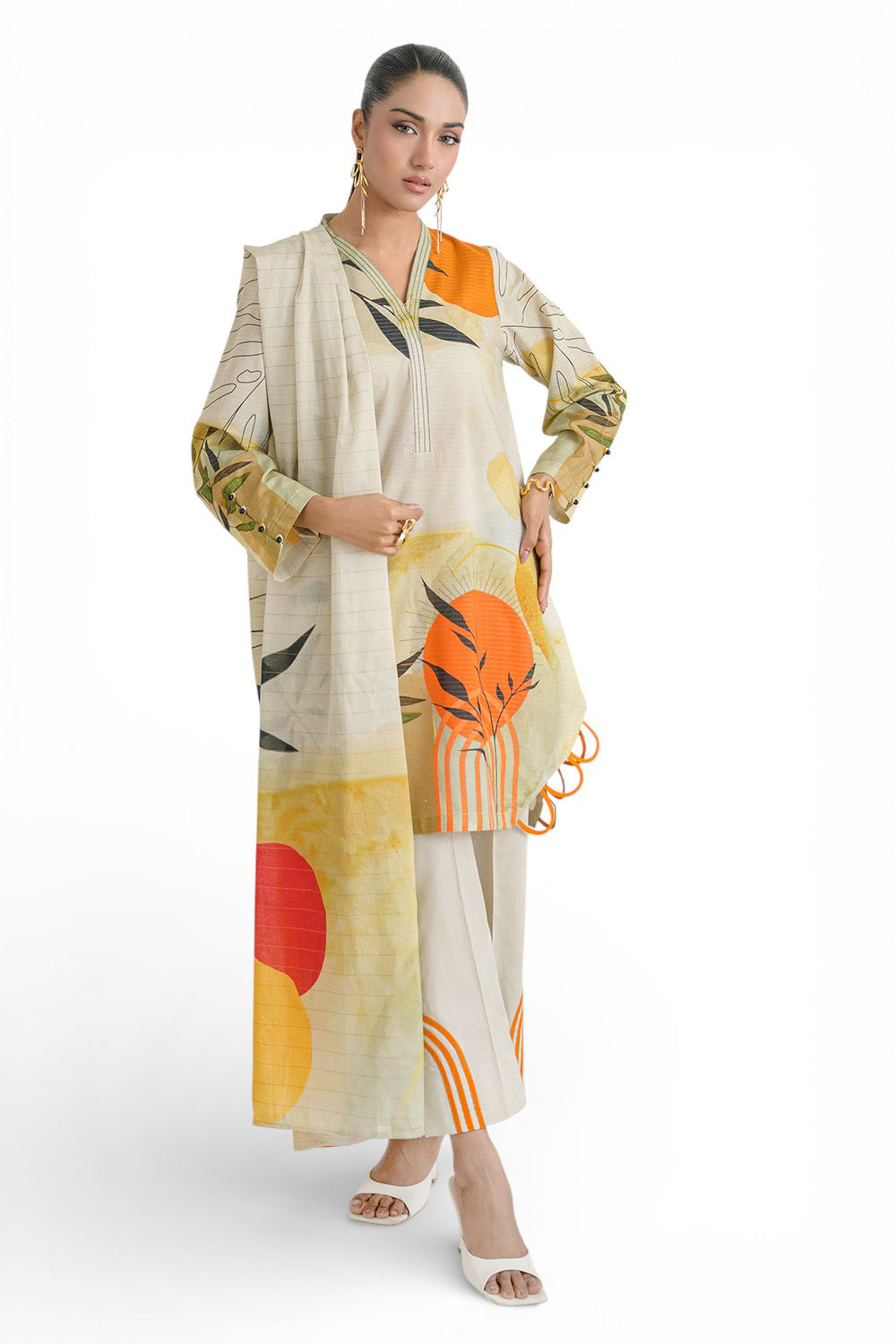 UAE-3 Piece Printed Mehsuri Stripe Lawn Suit with Printed Mehsuri Stripe Lawn Dupatta and Dyed Trouser GS-62001