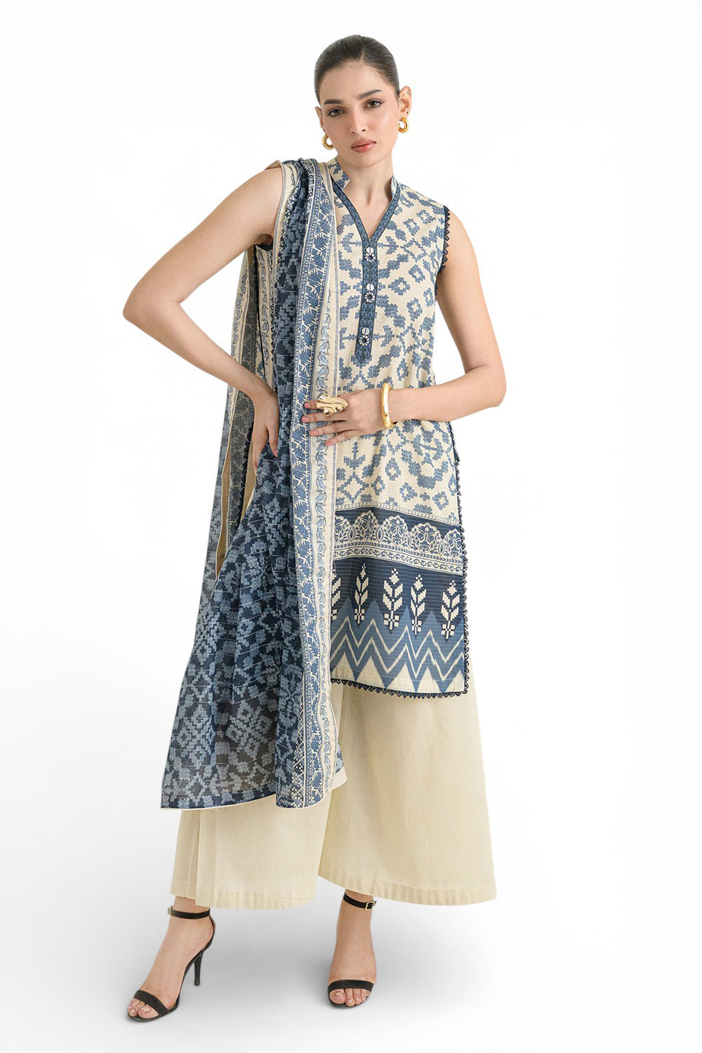 UAE-3 Piece Printed Mehsuri Stripe Lawn Suit with Printed Mehsuri Stripe Lawn Dupatta and Dyed Trouser GS-62006