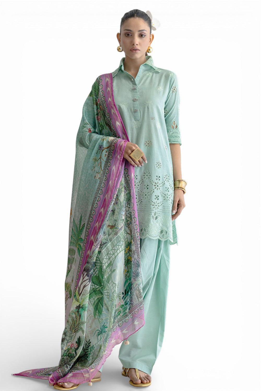 UAE-3 Piece Schiffli Embroidered Lawn Suit with Silk Dupatta S-62013