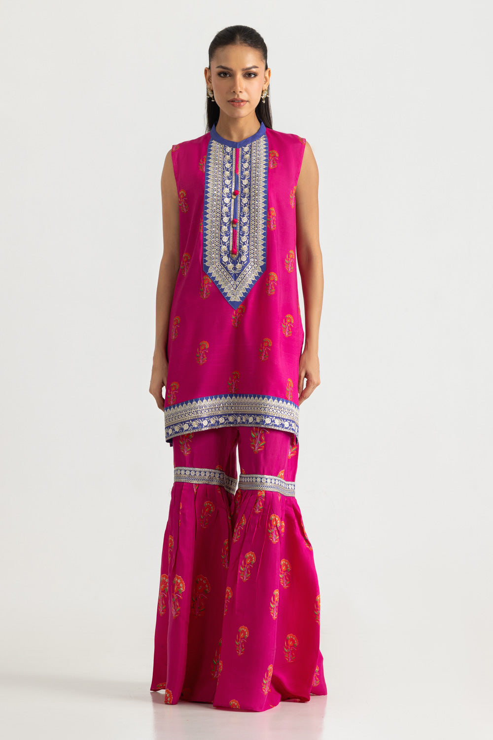 UAE-Viscose Raw Silk Printed Shirt And Gharara With Embroidered