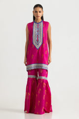 UAE-Viscose Raw Silk Printed Shirt And Gharara With Embroidered