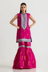 UAE-Viscose Raw Silk Printed Shirt And Gharara With Embroidered