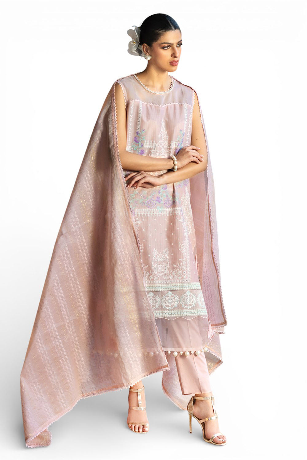 UAE-3 Piece Embroidered Dobby Suit with Borders and Zari Dupatta FE-52024