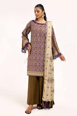 UAE -3 Piece Unstitched Embroidered Cotail Suit with Printed Twill Cotton Linen Dupatta CV-42009