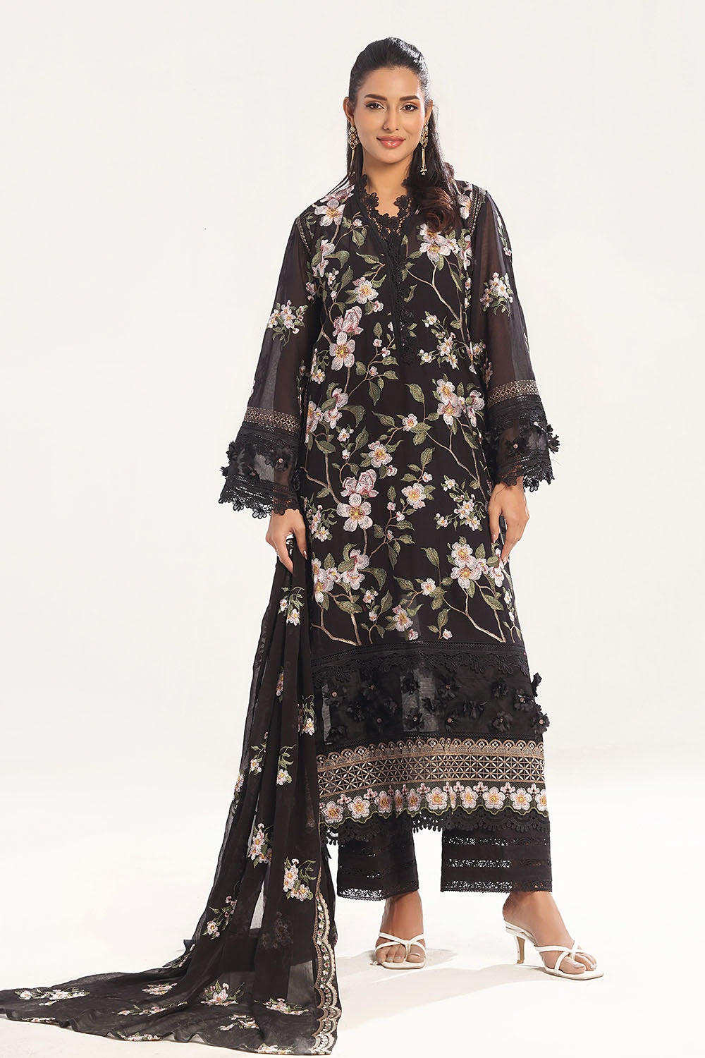 UAE -3 Piece Unstitched Embroidered Swiss Voile Suit with Embroidered Chiffon Dupatta LSV-52008