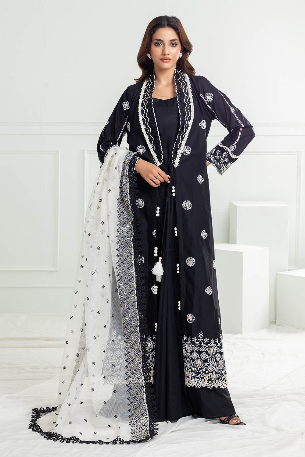 UAE -3 Piece Unstitched Schiffli Embroidered Lawn Suit with Embroidered Cotton Net Dupatta CN-52001