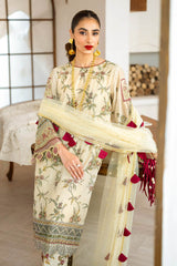 UAE -3 Piece Unstitched Embroidered Printed Monar Slub Suit with Embroidered Net Dupatta FE-52010