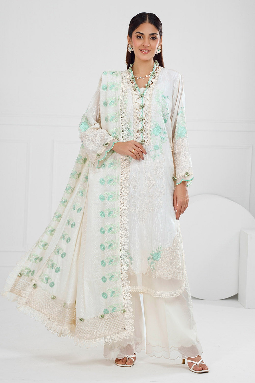 UAE -3 Piece Unstitched Embroidered Stripe Suit with Embroidered Stripe Dupatta FE-52014