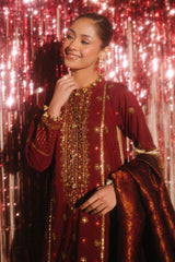UAE -3 Piece Unstitched Embroidered Raw Silk Suit with Banarsi Dupatta FE-52075