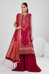 UAE -3 Piece Unstitched Embroidered Raw Silk Suit with Jacquard Dupatta FE-52124