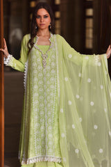 UAE -3 Piece Unstitched Embroidered Lawn Suit with Embroidered Chiffon Dupatta FE-52142